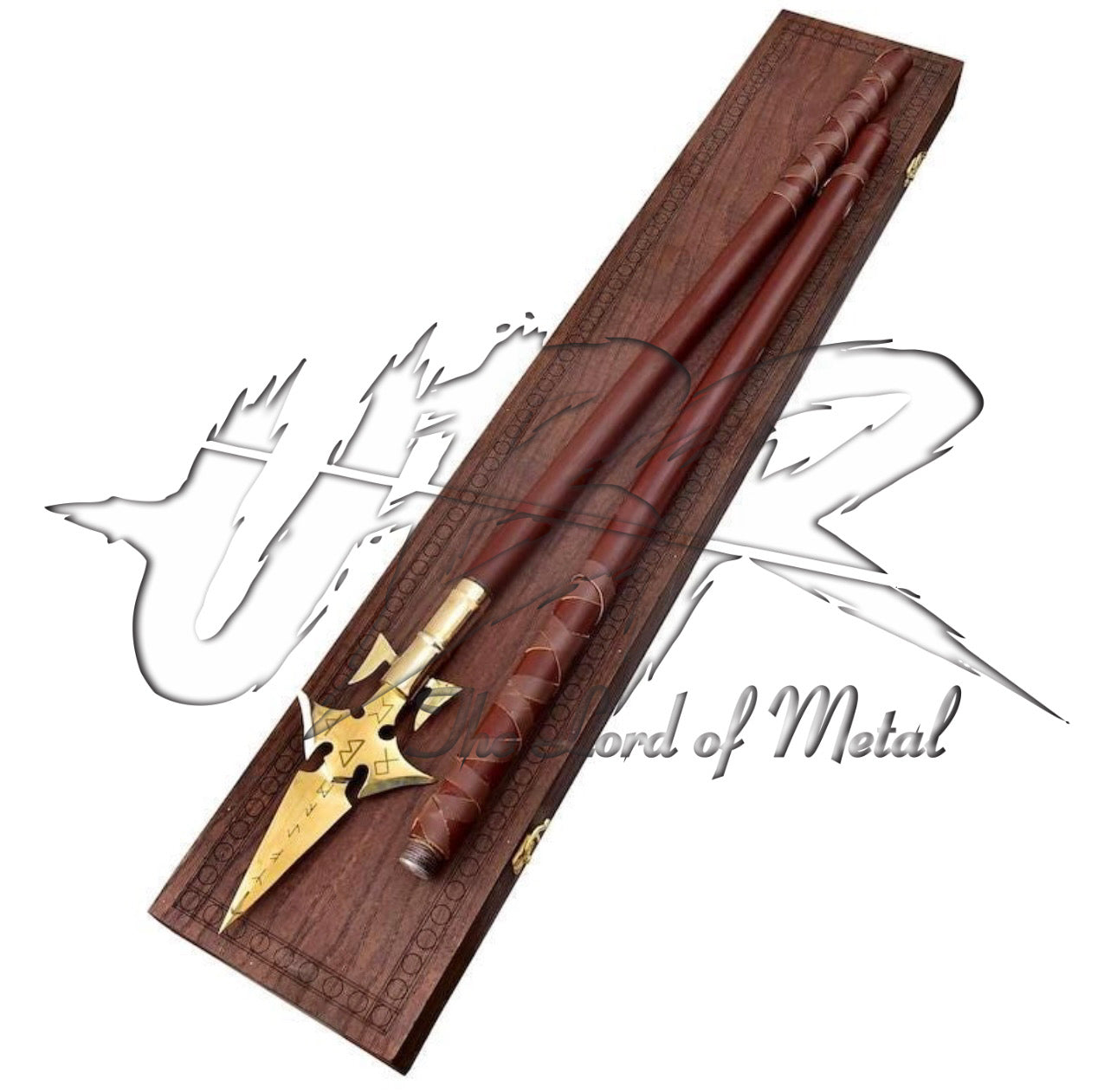 72" Hellboy Spear Replica with Golden Runes and Wooden Shaft in Display Case Hunting Spears