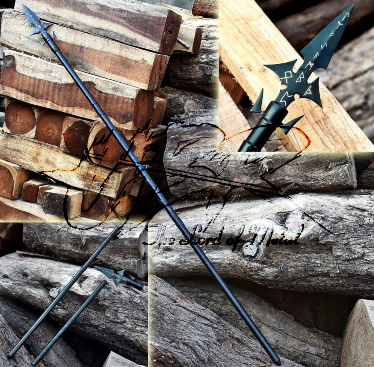 Fantasy Rune Spear with Engraved Blade and Black Steel Shaft Hunting Spears