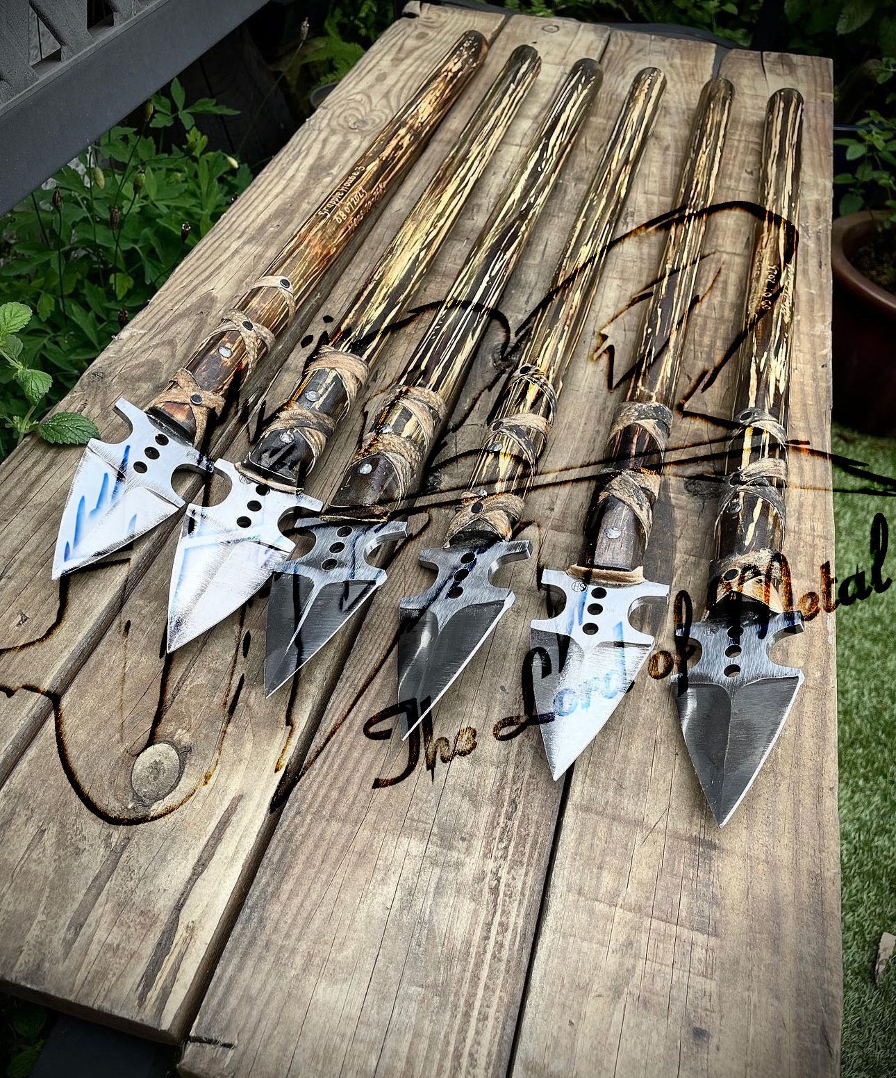 Set of 6 Hand-Forged Thrust Spears with Burned Wood Shafts | Outdoor Collectible Display Set Hunting Spears