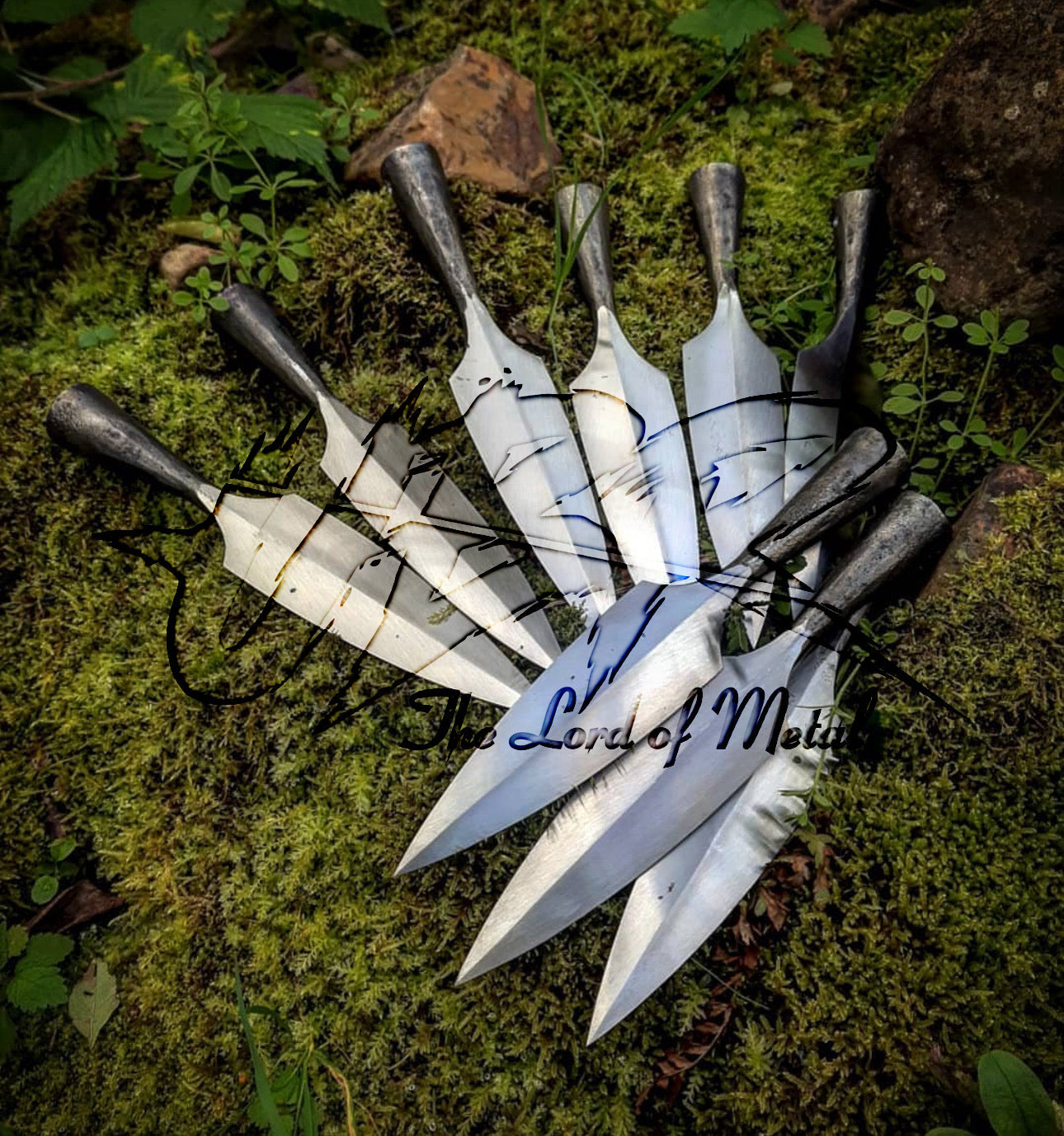 Lot Of 9 Hand-Forged Spearheads Set – Collectible Blacksmith Made Leaf-Shaped Blades Hunting Spears
