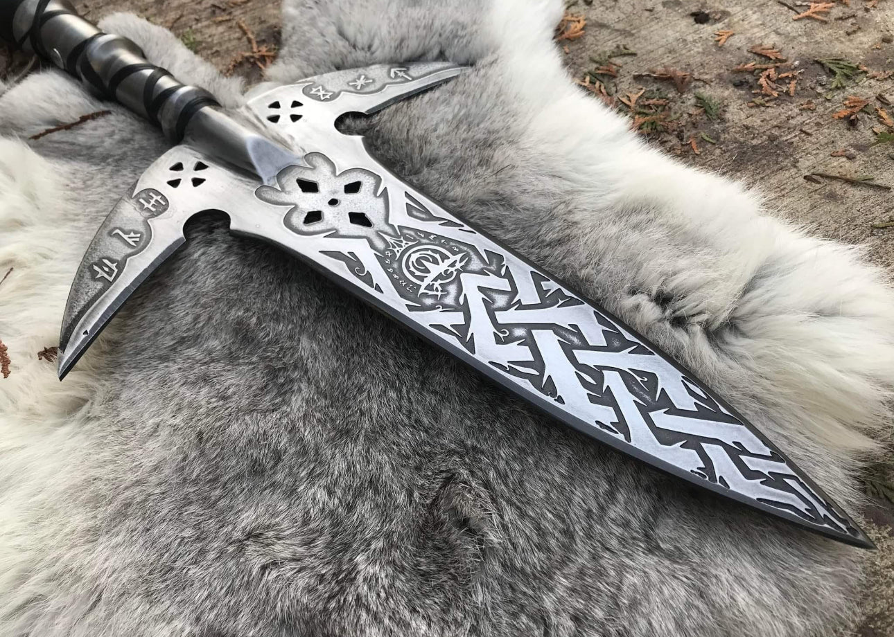 62" Fantasy Viking Battle Spear – Hand-Forged Collectible with Etched Nordic Patterns & Wooden Shaft Hunting Spears
