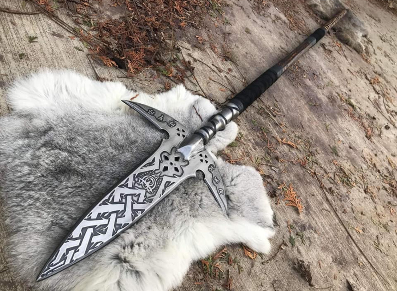 62" Fantasy Viking Battle Spear – Hand-Forged Collectible with Etched Nordic Patterns & Wooden Shaft Hunting Spears