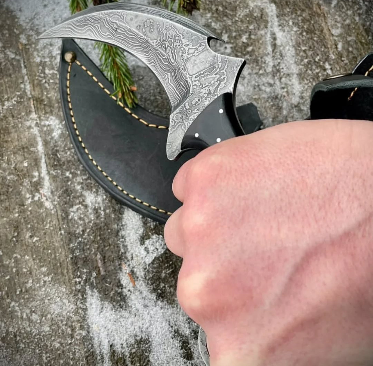 Damascus Steel Karambit Knife with Finger Ring and Leather Sheath Hunting Spears