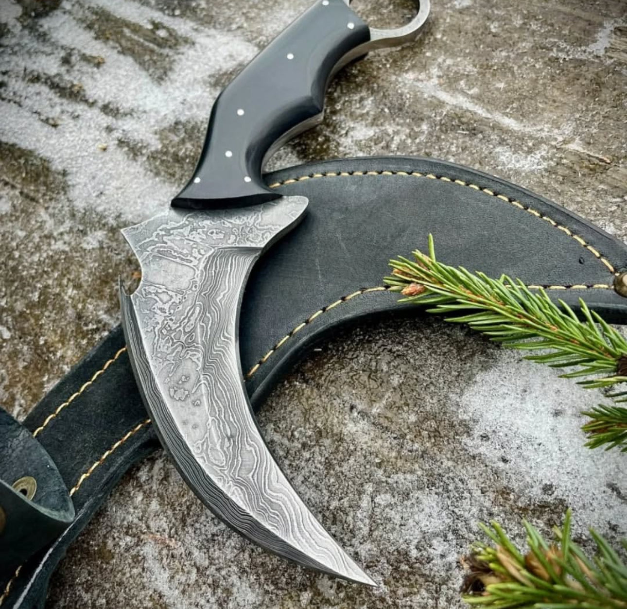 Damascus Steel Karambit Knife with Finger Ring and Leather Sheath Hunting Spears