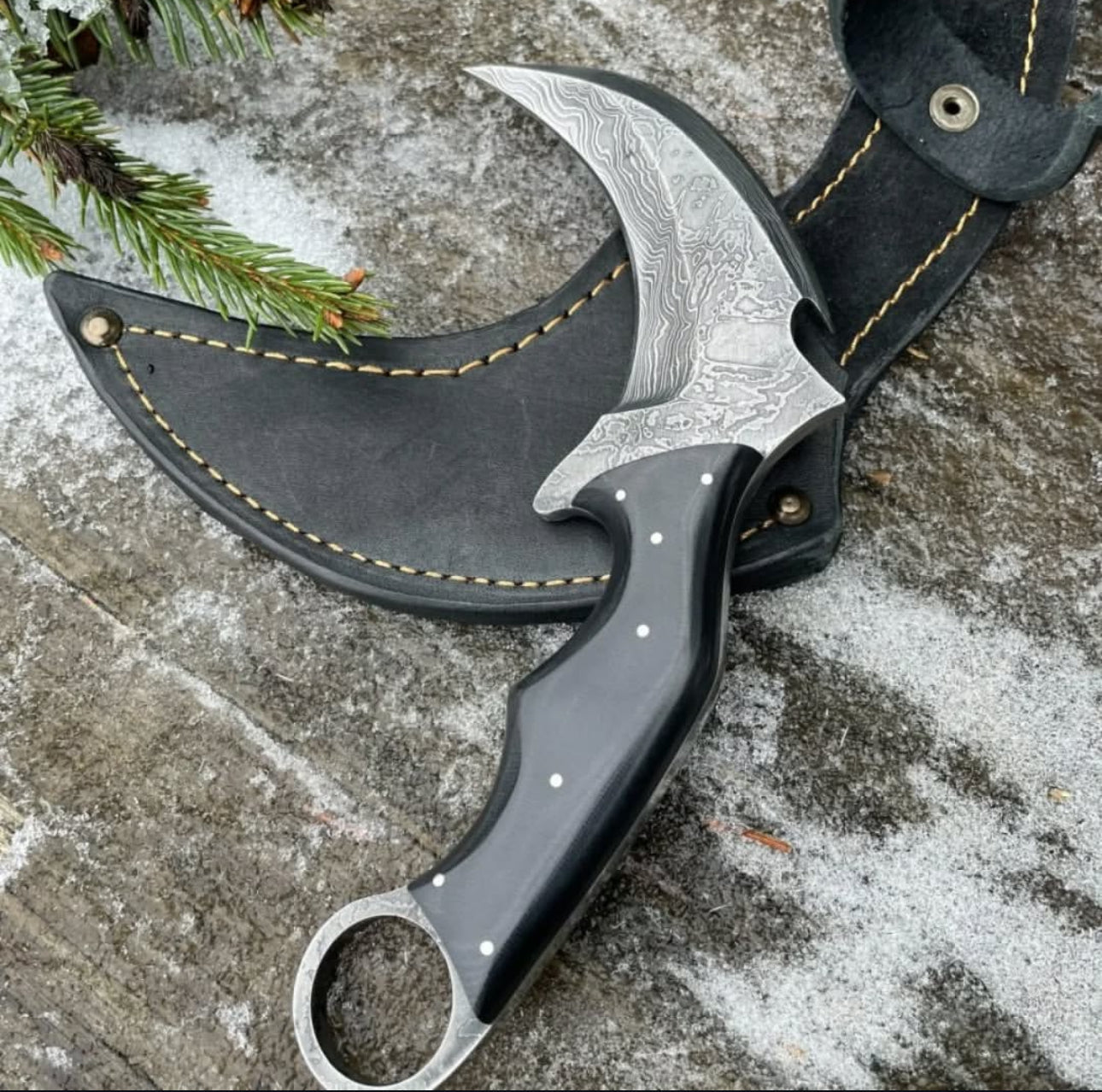 Damascus Steel Karambit Knife with Finger Ring and Leather Sheath Hunting Spears