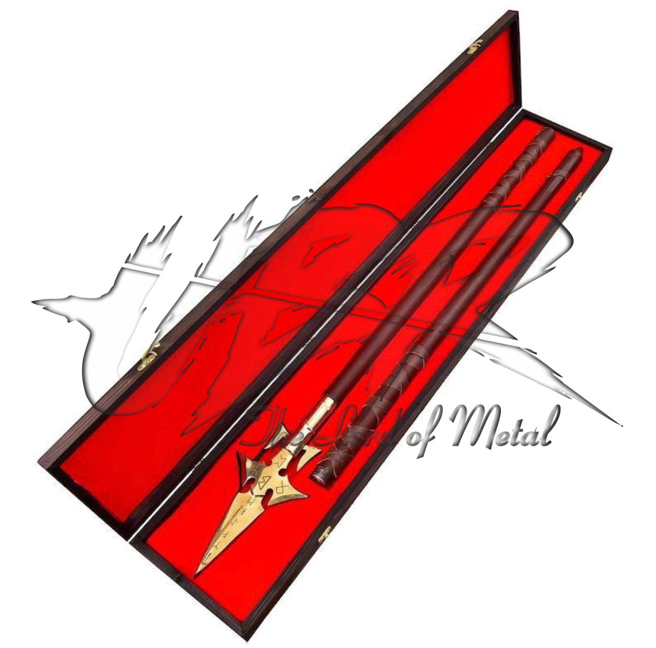 72" Hellboy Spear Replica with Golden Runes and Wooden Shaft in Display Case Hunting Spears