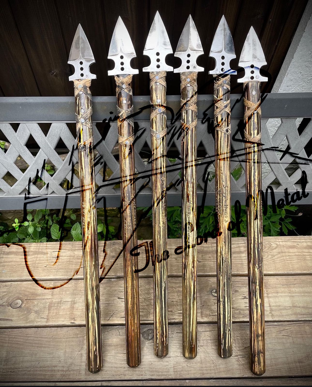 Set of 6 Hand-Forged Thrust Spears with Burned Wood Shafts | Outdoor Collectible Display Set