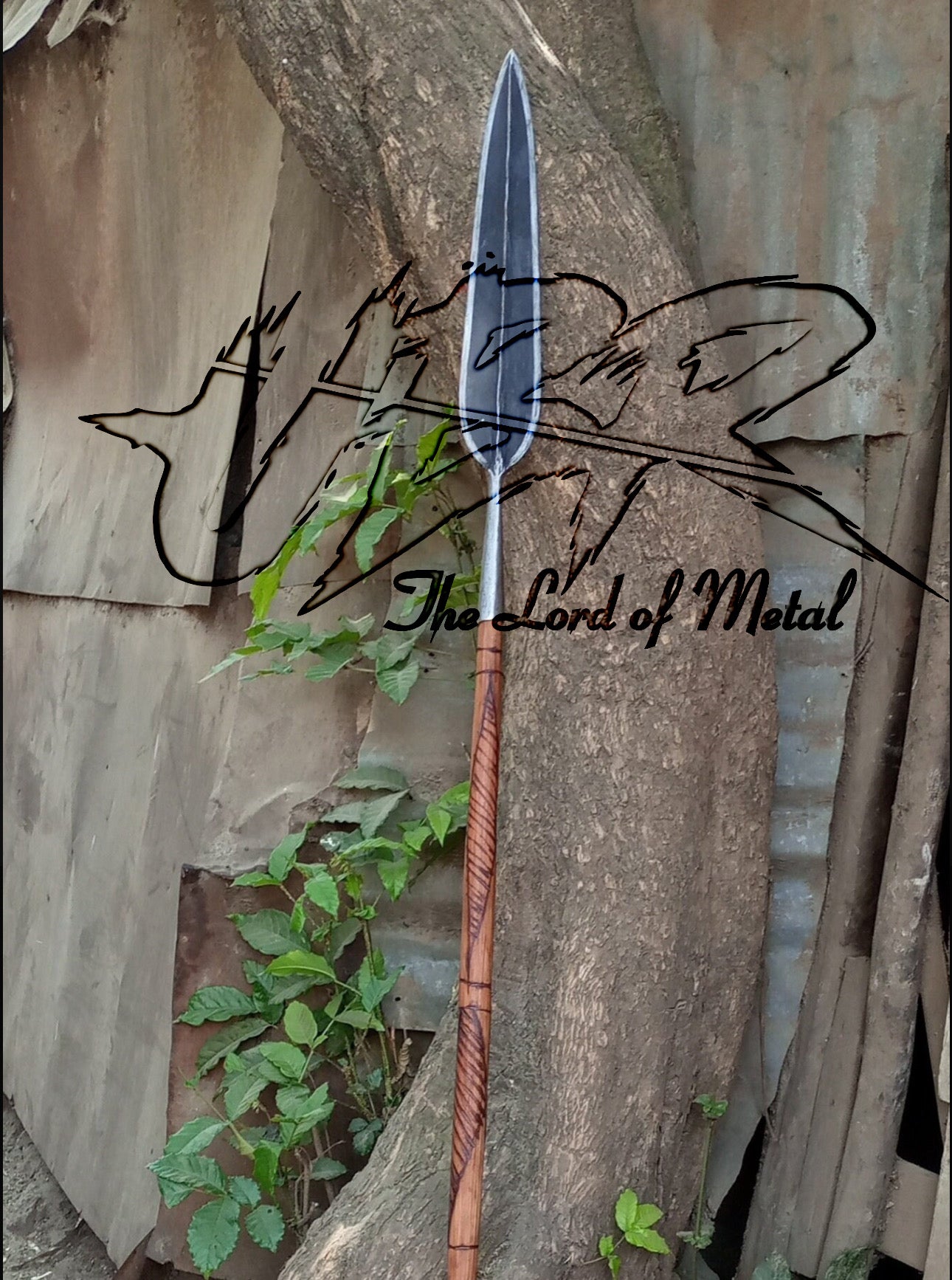 Hand-Forged Leaf Spear with Carved Wooden Shaft | Outdoor Display Piece