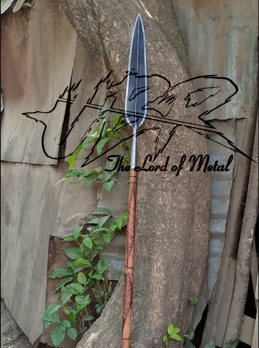 Hand-Forged Leaf Spear with Carved Wooden Shaft | Outdoor Display Piece