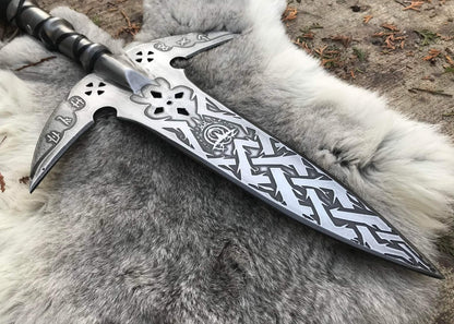 62" Fantasy Viking Battle Spear – Hand-Forged Collectible with Etched Nordic Patterns & Wooden Shaft Hunting Spears