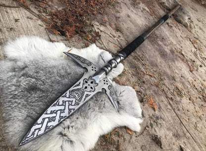 62" Fantasy Viking Battle Spear – Hand-Forged Collectible with Etched Nordic Patterns & Wooden Shaft Hunting Spears