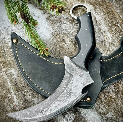 Damascus Steel Karambit Knife with Finger Ring and Leather Sheath Hunting Spears