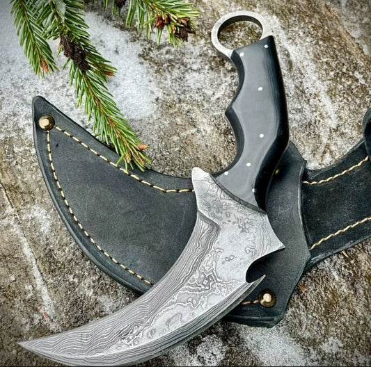 Damascus Steel Karambit Knife with Finger Ring and Leather Sheath Hunting Spears